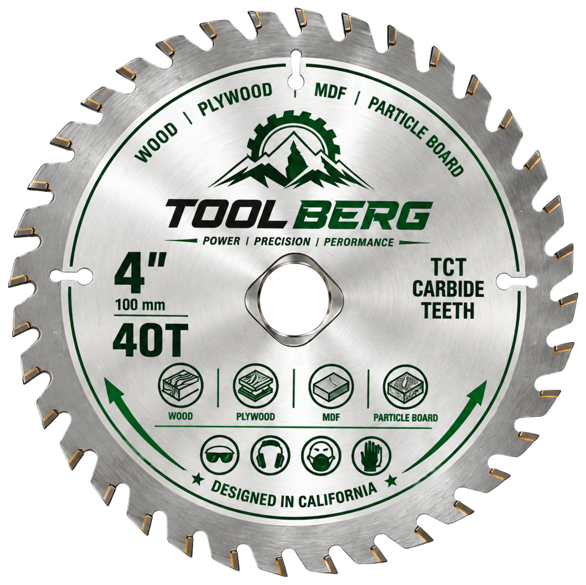 Tool Berg 4 inch 40-tooth TCT circular saw blade, face on, tungsten carbide teeth visible